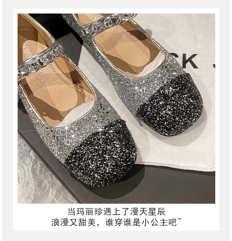 Giày Mary Jane nữ mũi vuông đế bằng phối màu ngọc trai, gót thấp 1–3 cm — Bạc phối đen, Đen bạc, Đen trắng chi tiết 13