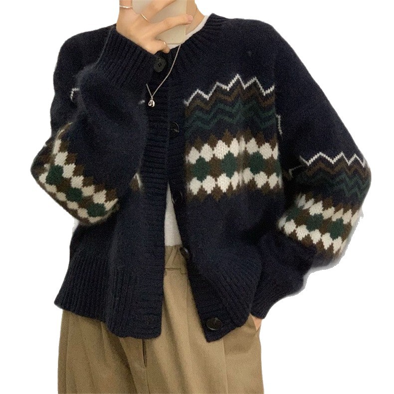2025 otoño nuevo cardián de punto de mujer abrigo corto Jacquard suéter suelto exterior cuello redondo suave camisa de moda