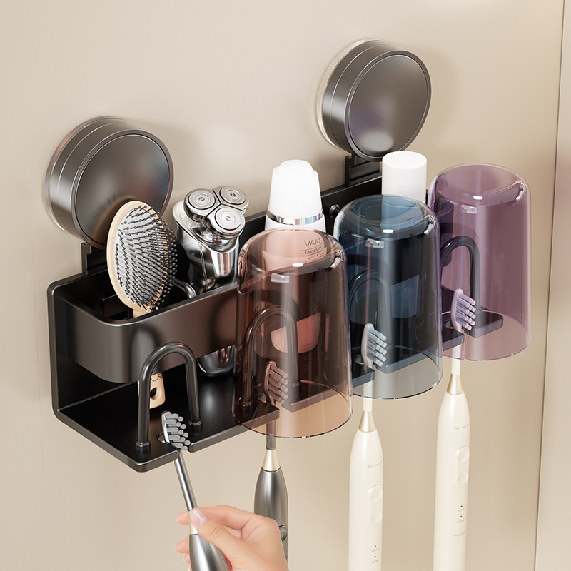 Suction Cup Toothbrush Holder Bathroom No-Drill Mouthwash Cup Electric Toothbrush Holder Wall-Mounted Toothpaste Rack