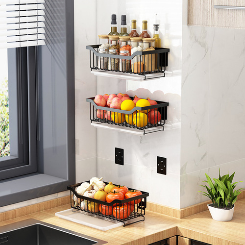Wall-mounted kitchen shelf, spice rack, storage organizer, stainless steel no-drill hanging rack, vegetable rack, and fruit display stand