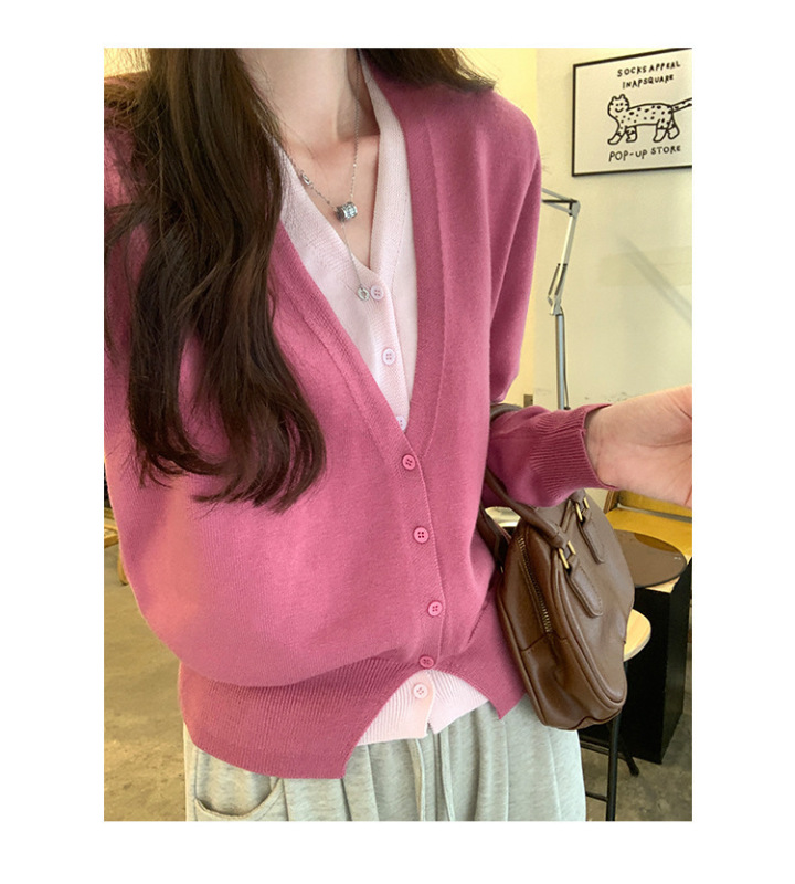假两件V领拼色软糯针织开衫女秋冬新款慵懒风短款小个子毛衣外套|undefined