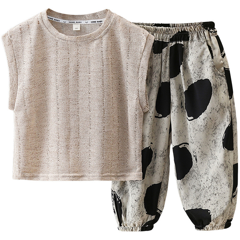 5717 traje de verano para niños 2025 nuevo chaleco hueco sin mangas para niños pantalones anti-mosquitos de verano para niños de dos piezas