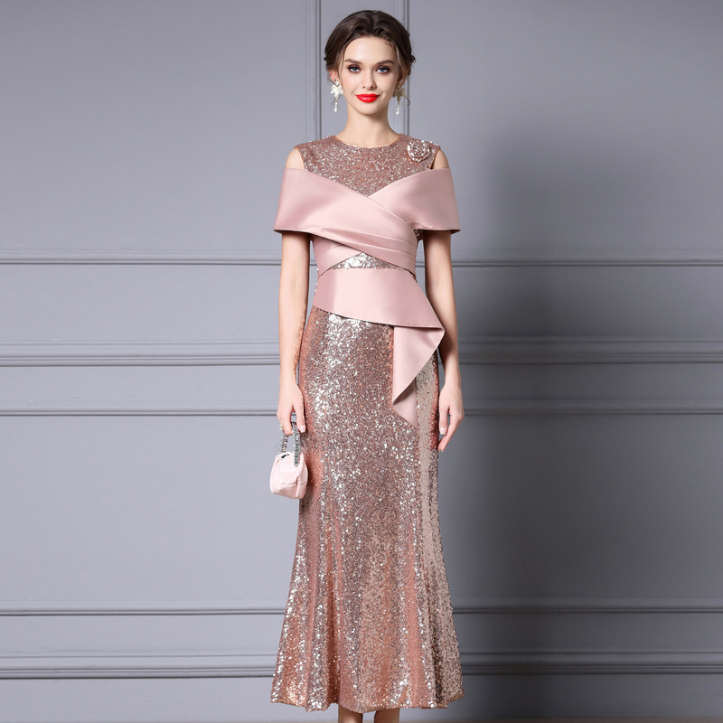 Zhili Banquet Dress for Women 2026 New Summer Sequin Off-Shoulder Short Sleeve Long Gown Mermaid Dress