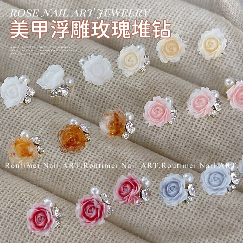 Net Celebrous Explosive Manicure Camellia Pile Drill Finished Super Flash Rose Crystal Drill Pearl Nail Diamond Decoration