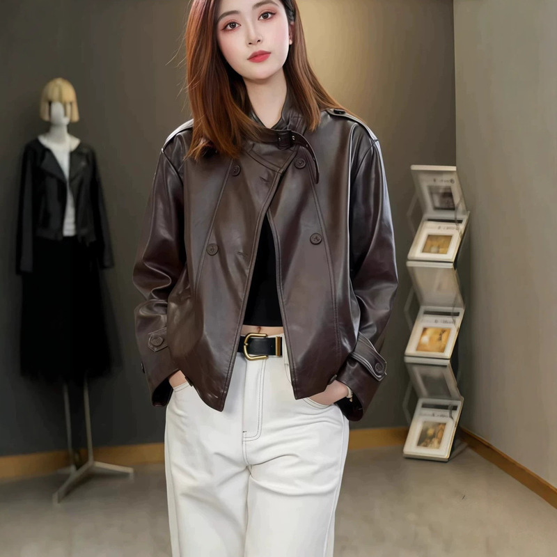 Fashionable retro leather jacket for women, short style, 2026 spring and autumn new model, loose casual high-end leather jacket, stylish Fashionable retro leather jacket for women, short style, 2026 spring and autumn new model, loose casual high-end leather jacket, stylish
