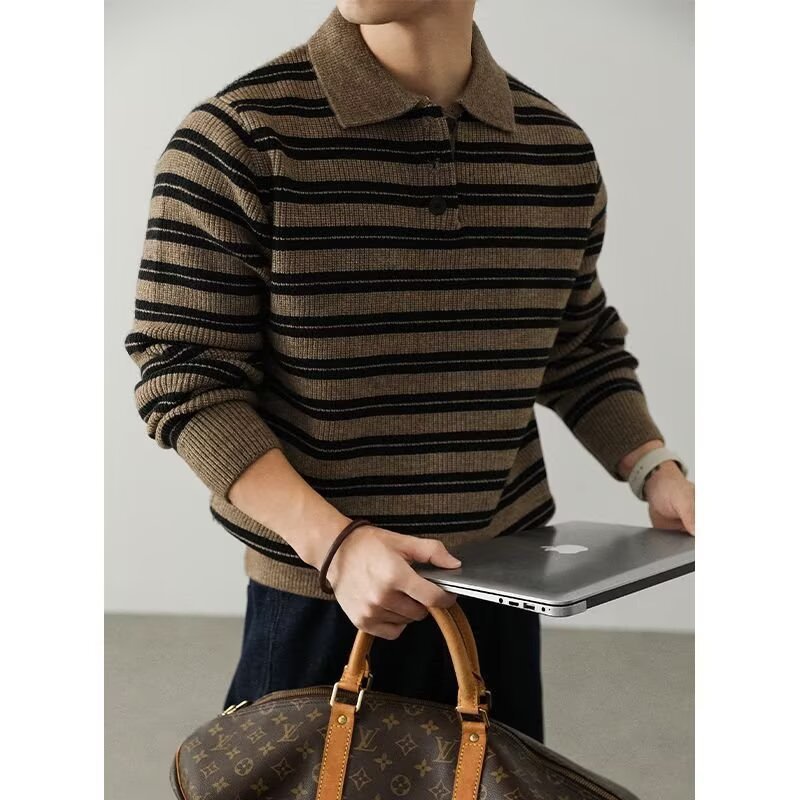 Polo camiseta de puntada suéter hombre rayas retro viejo estilo de negocios de otoño y invierno comercio exterior transfronterizo al por mayor image 8