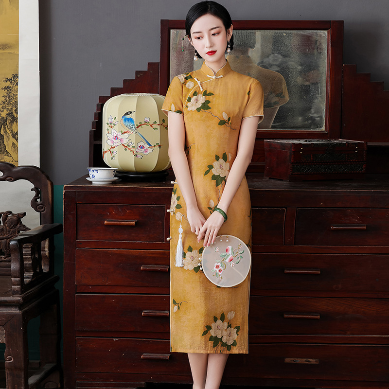 2025 New Chinoiserie Chinoiserie Printed Cheongsam Summer Ancient Traditional Flat Cut Young Girl Long Dress