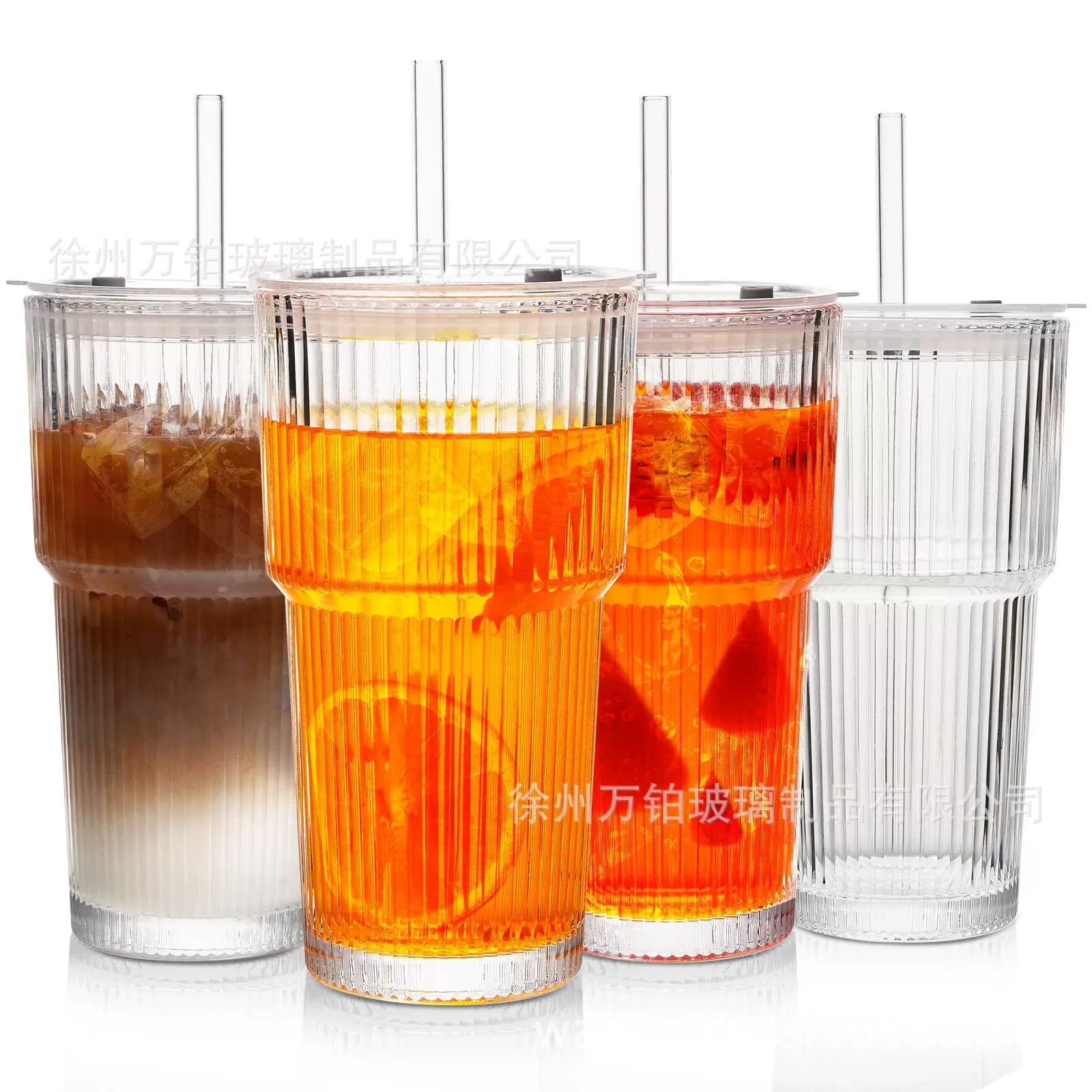 亚马逊大容量玻璃杯冷饮杯果汁咖啡杯带盖带吸管双饮杯竖条纹水杯