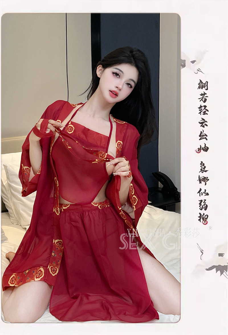 Chinese Han-Style Chiffon Bellyband Lingerie Set, See-Through 5-Piece Uniform — detail image 13