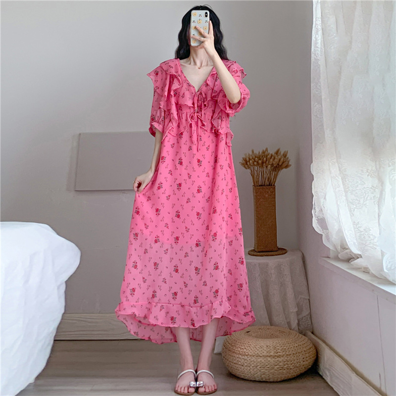 实拍2021春夏新款大码女装胖MM299斤穿宽松显瘦中长款玫红连衣裙|ru