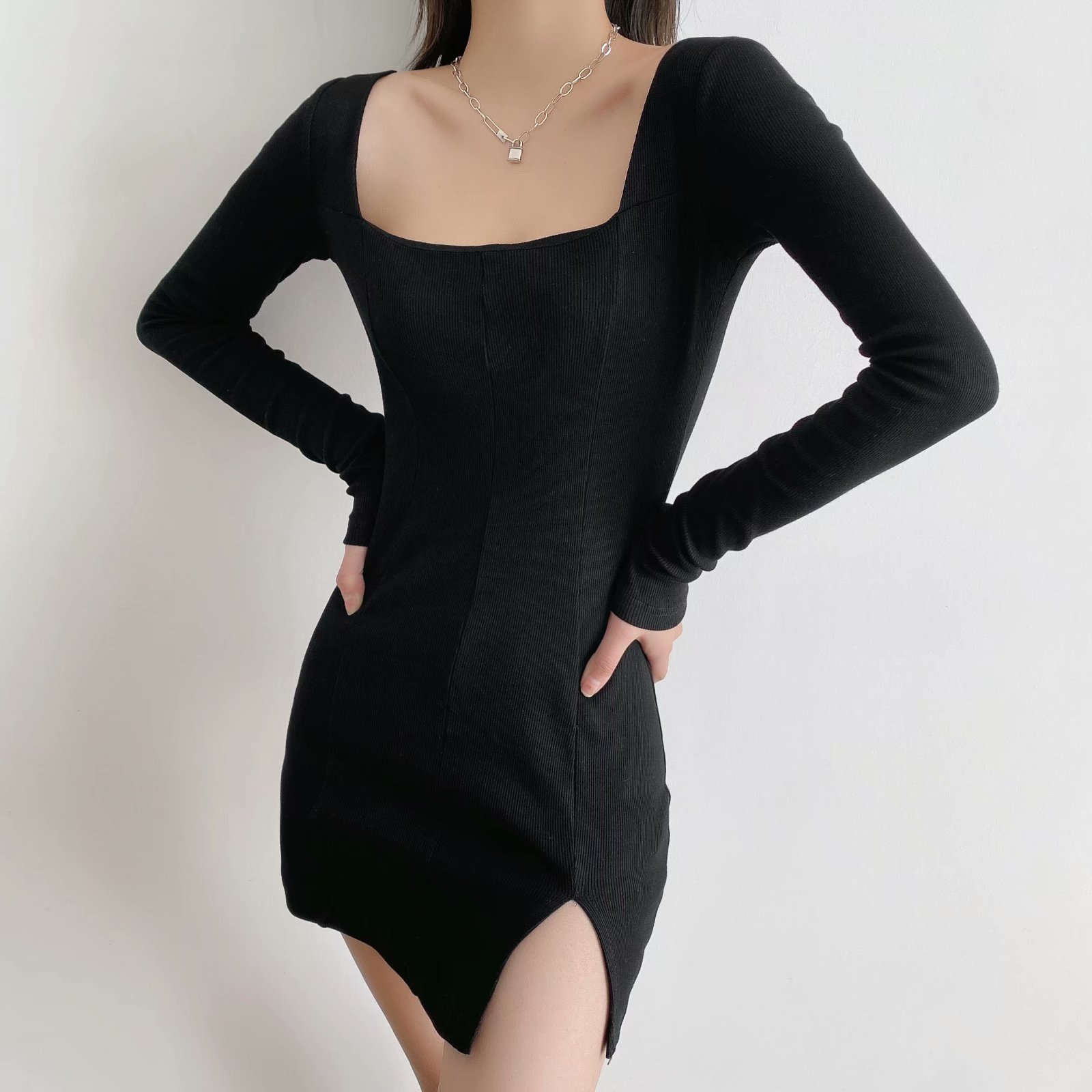 square neck long sleeve hem slit thread dress NSAM32058