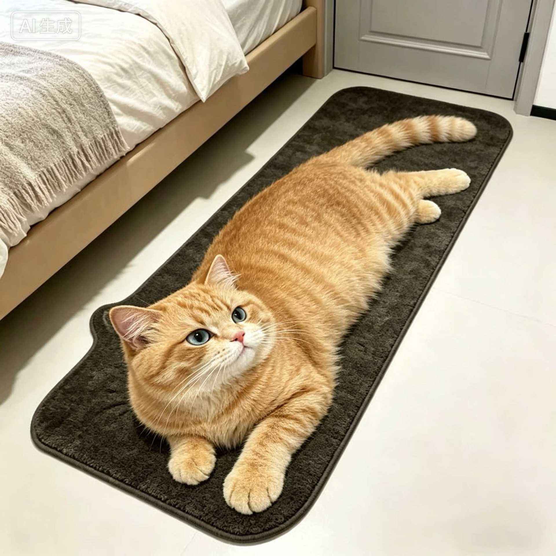 3D Visual Plush Cat Bedside Rug, Cute and Adorable Long Carpet for Bedroom, Water Absorbent, Dirt Resistant, Insulating Foot Mat, Cross-Border