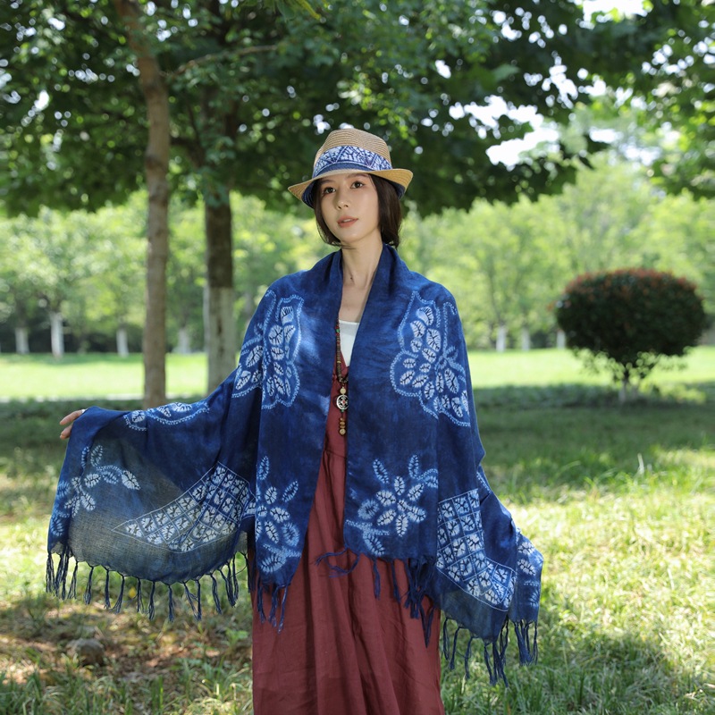 Langer Quastenschal Im Ethno-stil Batik Strandtuch Für Damen_voghion.com