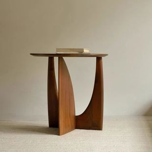 Medieval Style Solid Wood Sofa Side Table Small Round Table Wabi-Sabi Style Living Room Home Corner Table Bedroom Bedside Balcony Coffee Table