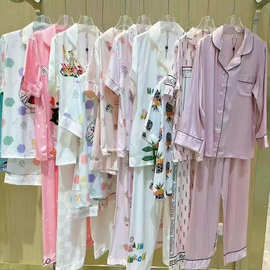 25夏外贸女士睡衣 丝绸冰丝薄款短袖短裤开衫外穿家居服套装尾货