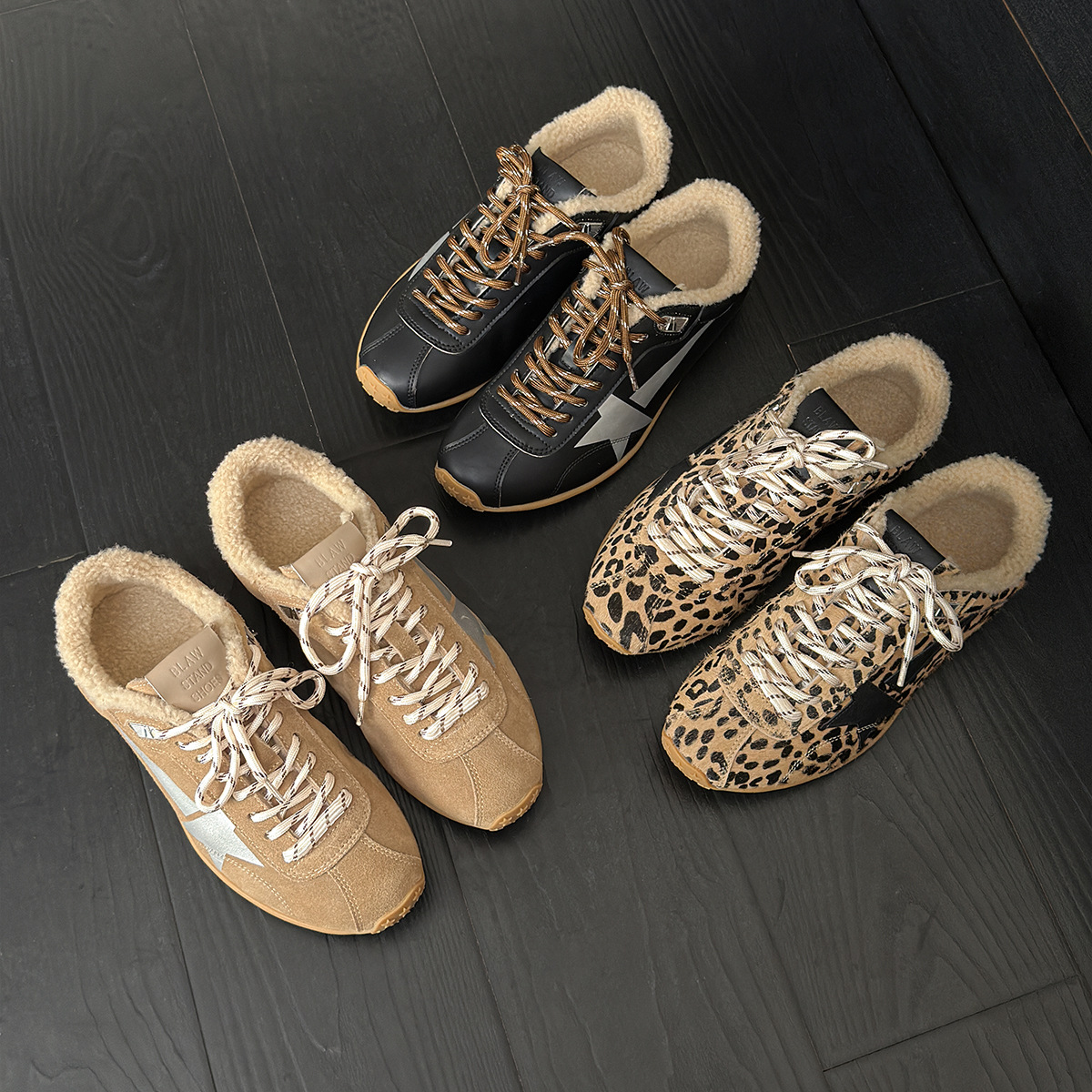 现货版~真皮马毛豹纹加绒德训鞋女2025秋冬新款复古星星平底休闲
