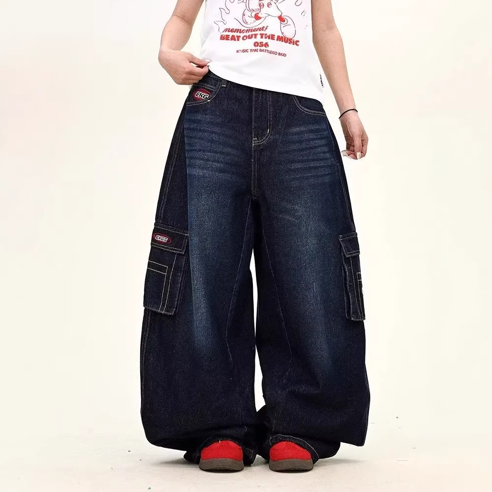Men's Clothing Unisex Loose Fit Wide Leg Cargo Jeans Cross Border American Retro Whiskered Washed Curved Large Pockets Casual Trousers_mkmklike.com