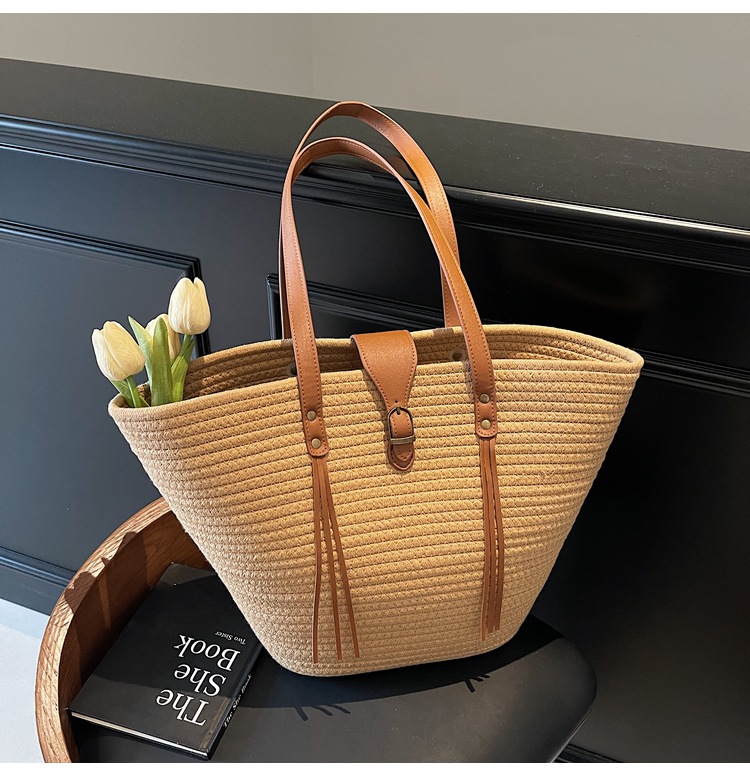 1125g Weight Weave Fashion Element Lock clasp Closure Type Double Shoulder Straps Strap Type Straw Bag Bags Type Casual Occasion cotton rope Material Solid Color Pattern Spring&Summer Season Women's Gender Beach Style Bucket Shape Large Size Women's Large Cotton Rope Solid Color Beach Weave Bucket Lock Clasp Straw Bag 21