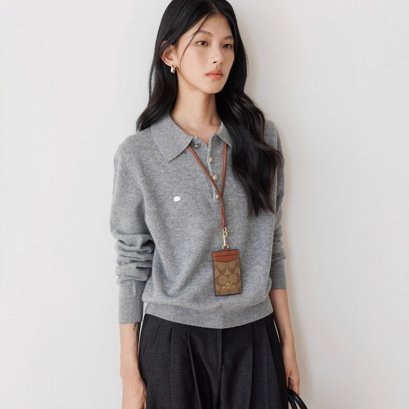法式气质灰色翻领Polo衫针织毛衣女秋冬季覆古软糯老钱风宽松上衣|undefined