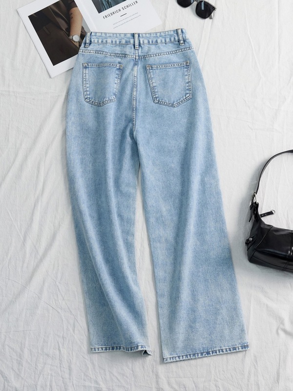 实拍欧美甜美气质洗水钉珠高腰直筒宽松显瘦阔腿牛仔长裤女JEANS|undefined