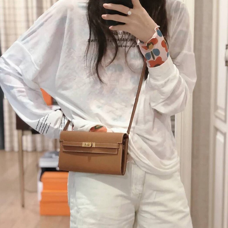 New Togo Kelly Wallet Women's Long Cowhide Clutch Bag Single Shoulder Diagonal Mobile Phone Bag Wallet Card Slot Functional Bag