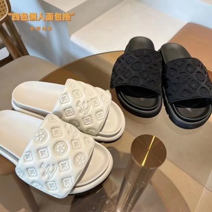 2025 Summer New Thick-Soled Slippers for Outer Wear Internet Celebrity Velcro Platform Sole Embossed Versatile One-Line Sandals