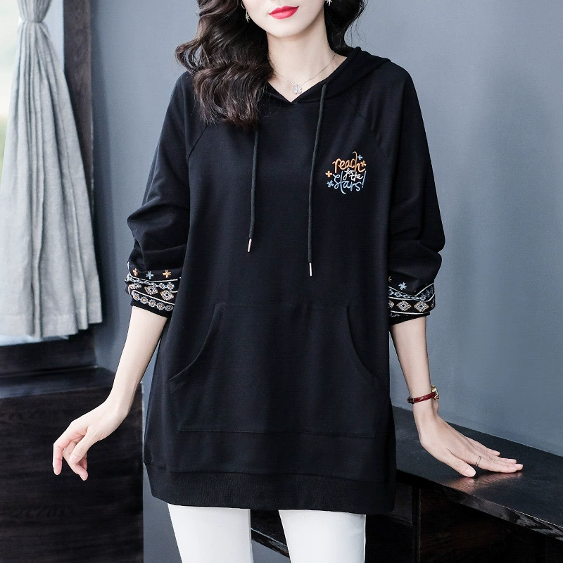 Плюс размер 240 кг женщин среднего и пожилого возраста свободный китайский национальный стиль вышивка с капюшоном и длинным рукавом темперамент привязь свитер