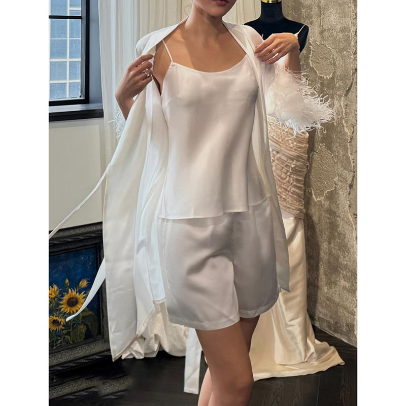 In-Stock Sexy Light Luxury Ice-Feel Camisole Straight-Leg Pants Short Satin Set Spring Fluffy Feather Sleeve Tie-Up Robe Loungewear