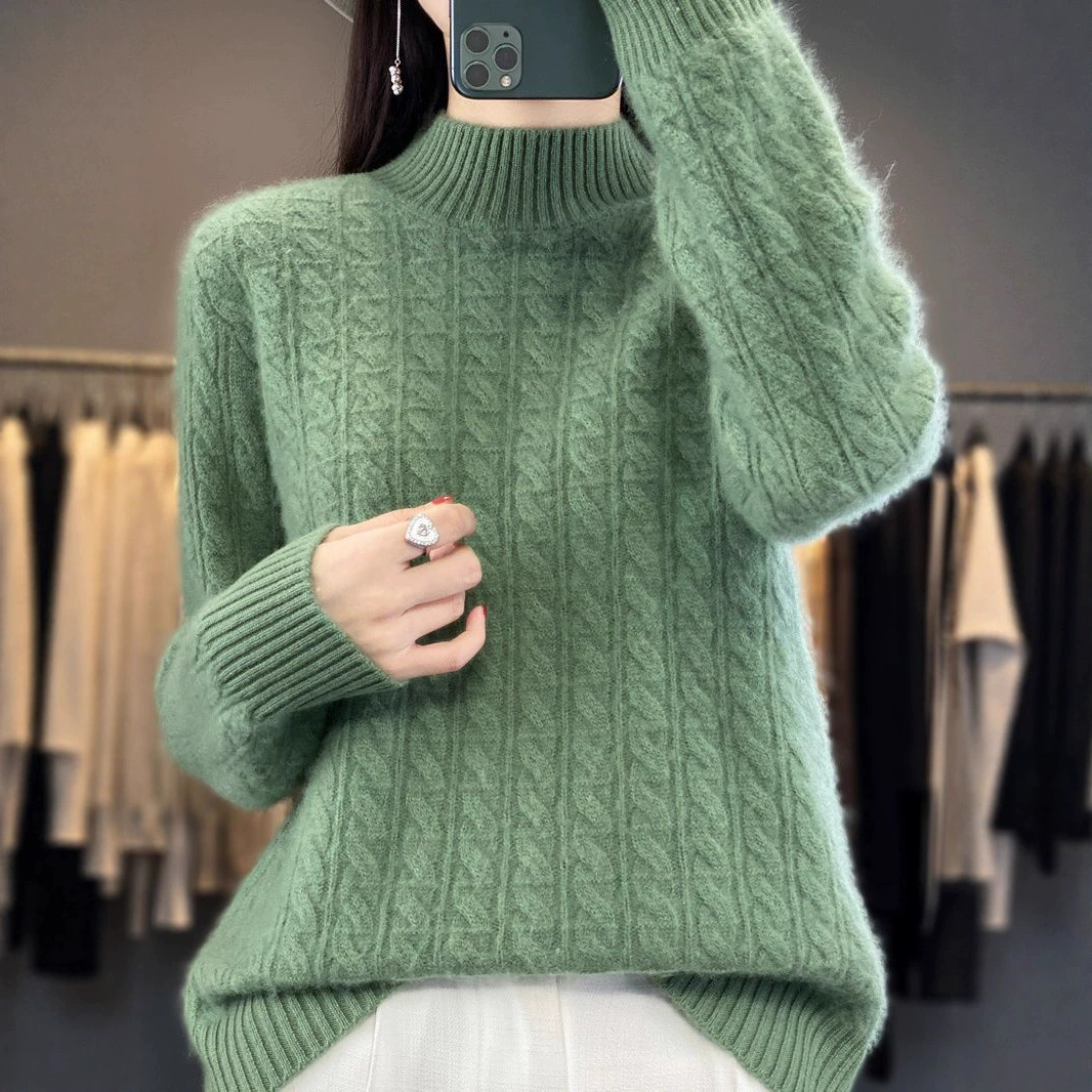 Вязаный свитер с половиной водолазкой, женский утолщенный витой пуловер с длинными рукавами, осенне-зимний вязаный свитер, свободный и универсальный топ в корейском стиле
