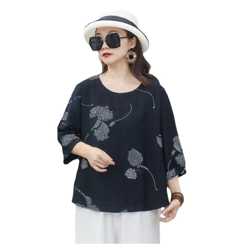 Nueva camiseta de mujer de estilo chino suelta impresa de manga corta para mujer camisa de fondo de verano Jersey cuello redondo artístico casual image 1