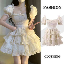 夏季新款方领气质超收腰风茶芭蕾蛋糕歇超仙法式连衣好看蓬蓬裙潮