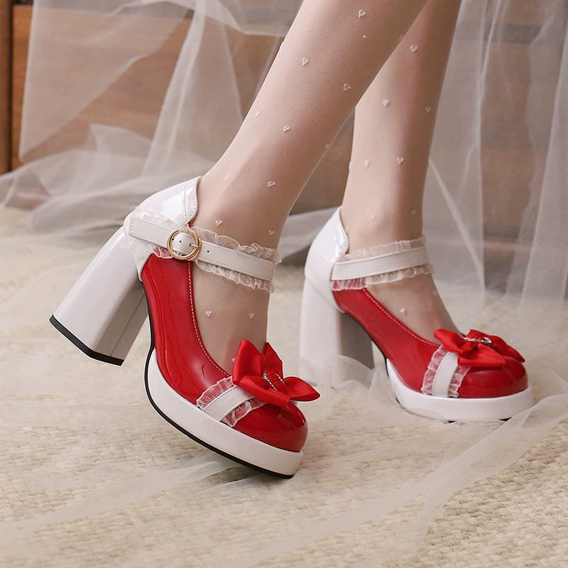 Ранняя весна 20252024 новые модные туфли для косплея на высоком каблуке 30-43 с кружевной окантовкой, бантом и мелкой пряжкой