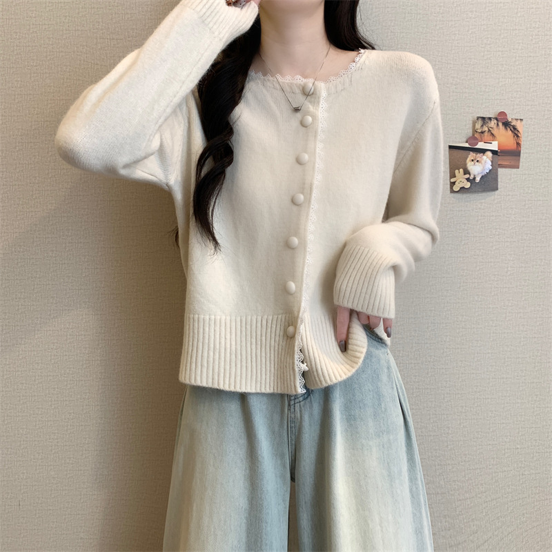 KANING蕾丝花边单排扣针织开衫女2025秋季新款温柔甜美毛衣外搭女|undefined
