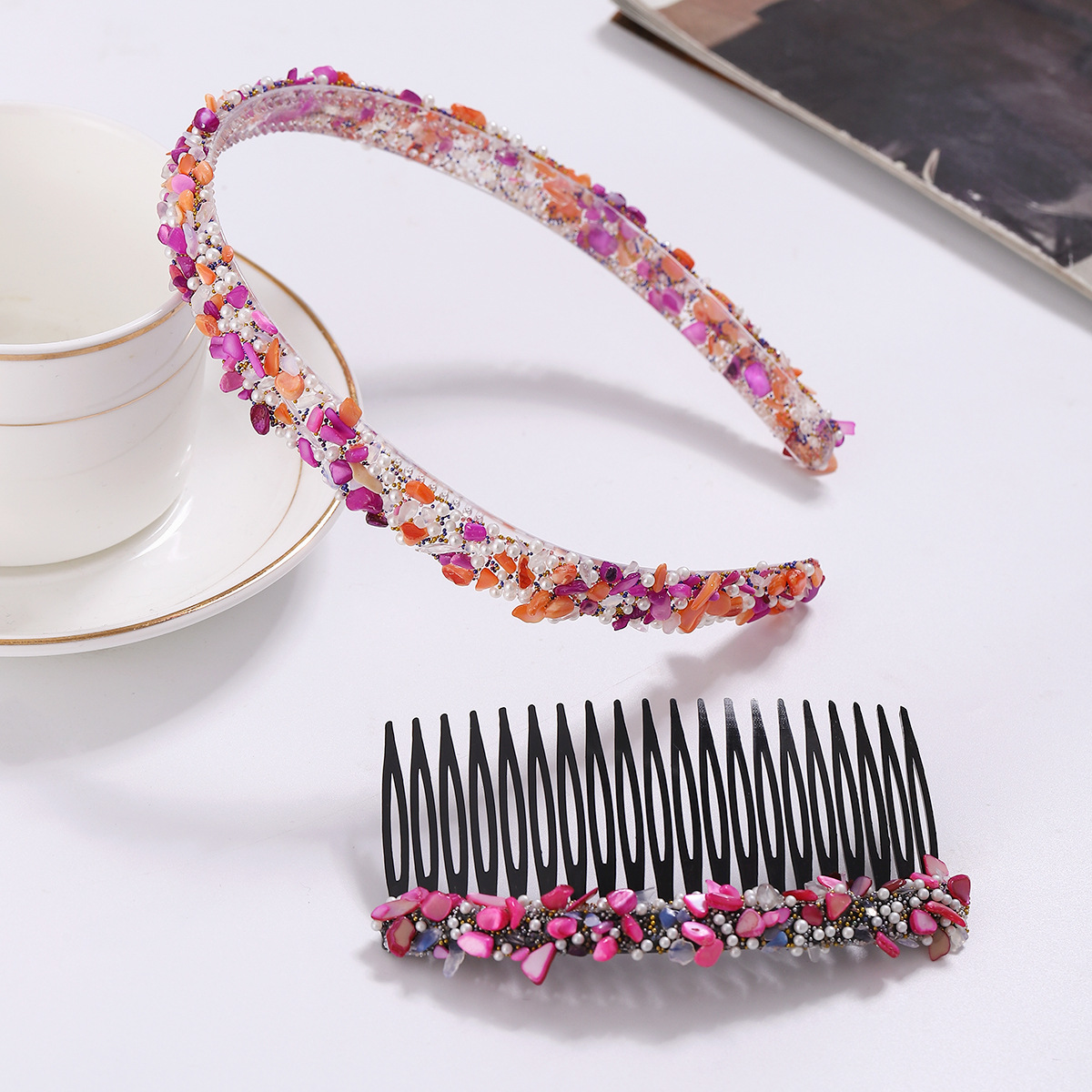 Comercio exterior nuevo color piedra diadema de color floral diamante plástico peine pelo roto acabado artefacto estilo coreano elegante peine del pelo