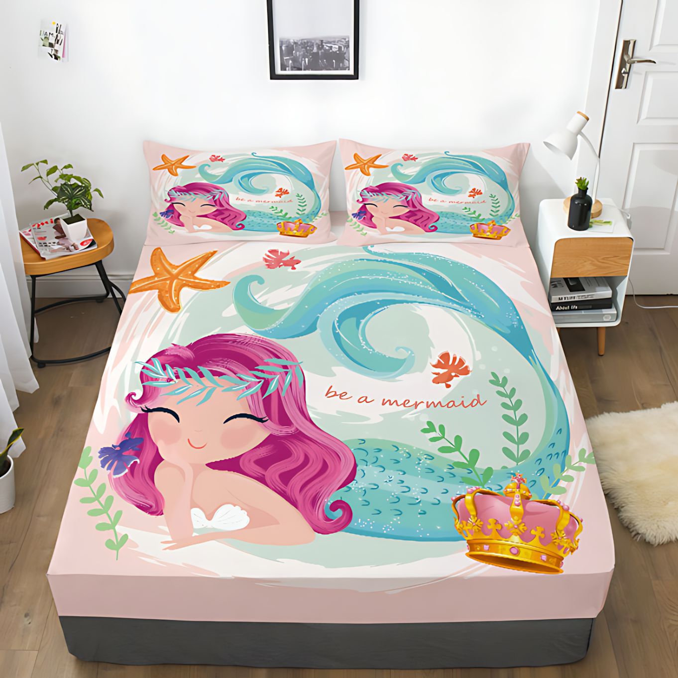 TEMU / JIT Amazonas pequeña sirena dibujos animados 3D impresión digital camas de cama de cama de cama