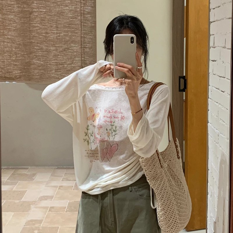 White Printed Stretch T-Shirt for Women, New Summer Style, Sun-Protective, Off-Shoulder, Lace Trim, Loose Fit, Slimming Top White Printed Stretch T-Shirt for Women, New Summer Style, Sun-Protective, Off-Shoulder, Lace Trim, Loose Fit, Slimming Top
