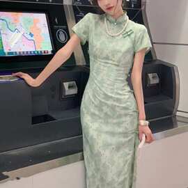 旗袍年轻款高端气质改良日常长款素雅少女绿色雪纺2022年春夏新款