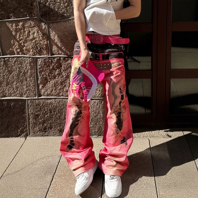 American retro 3D printed wide-leg jeans with a double waistband, men's summer street style, loose fit, floor-length, slightly flared pants