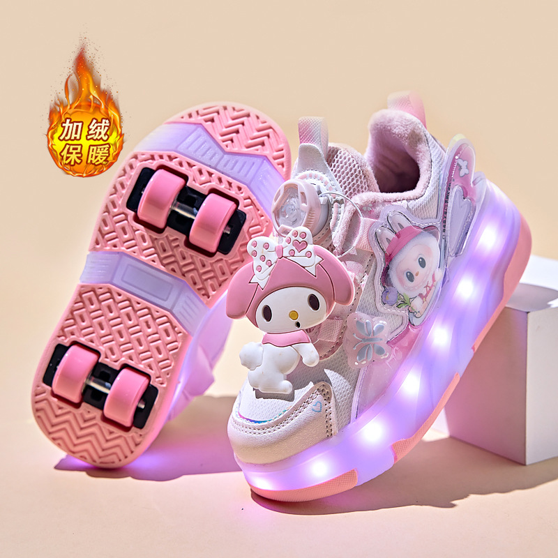 Eight-Wheel Girls' Heelys Shoes Wholesale Children's Plush Skates Sports Roller Shoes Four-Wheel Toys Warm Woolen Cotton Shoes