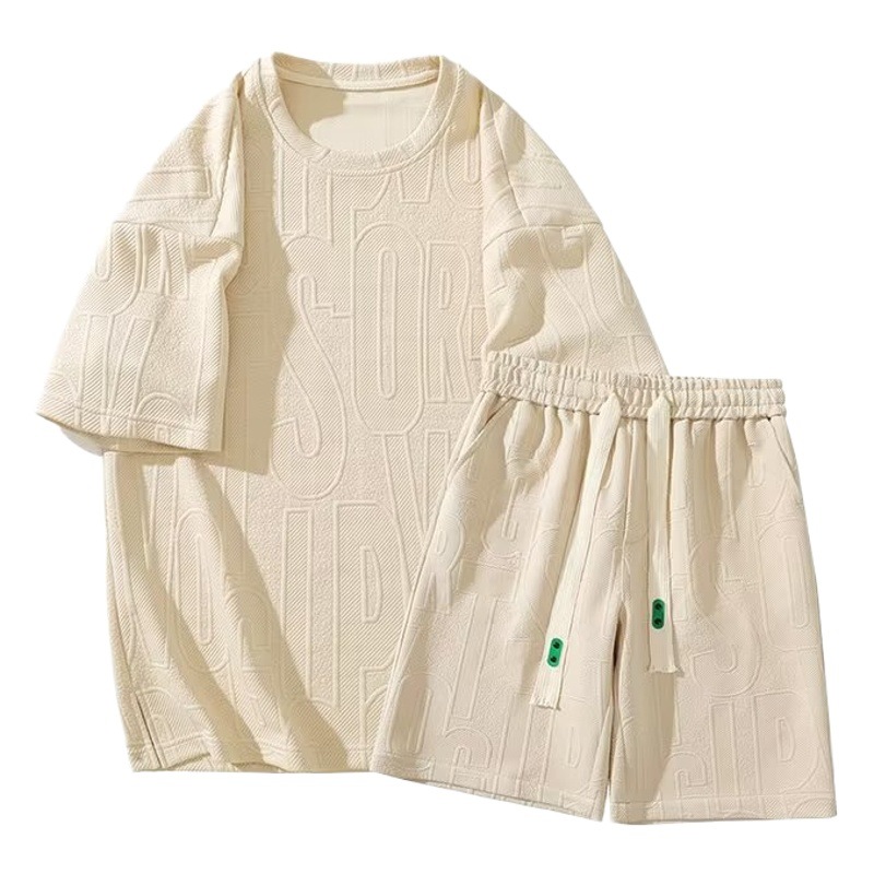 Waffle pesado traje de camiseta de cinco puntos para hombres ins Hong Kong estilo verano casual moda suelta pantalones de cinco puntos traje deportivo