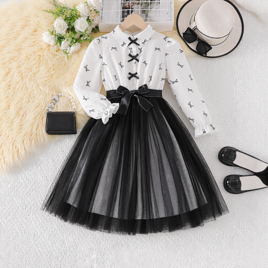 Cross-Border New Spring and Autumn Big Children's Long-Sleeved Pullover Mesh Princess Dress with Belt and Stylish Baby Skirt