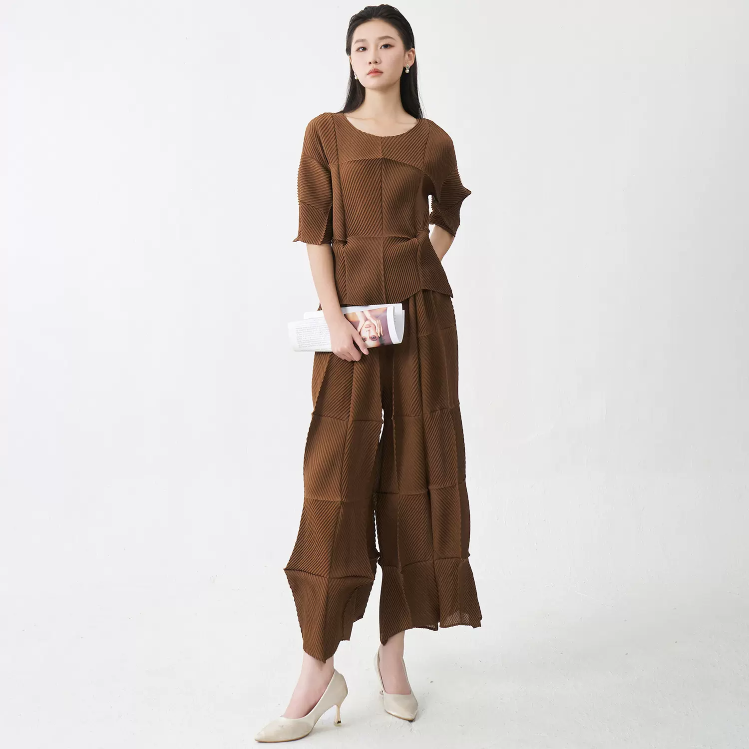 三宅套装女秋两件套设计感小众不规则时尚百搭T恤上衣阔腿裤长裤