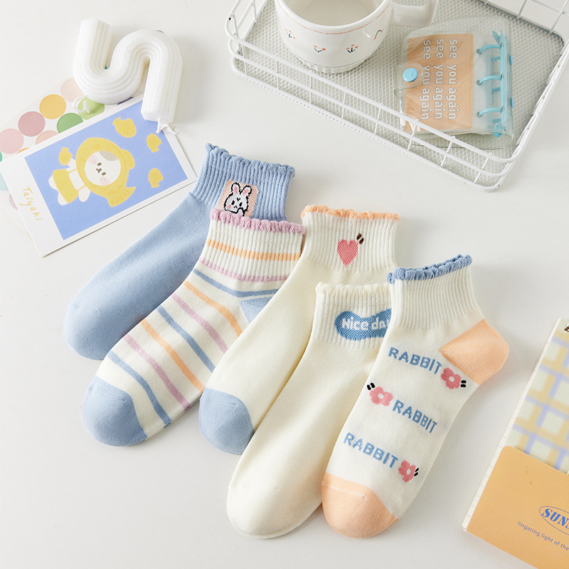 Una bolsa de 5 pares de envío gratis nuevos calcetines de la serie de dibujos animados de primavera y verano para hombres y mujeres calcetines de algodón absorbentes de sudor de boca baja calcetines de dopamina en stock