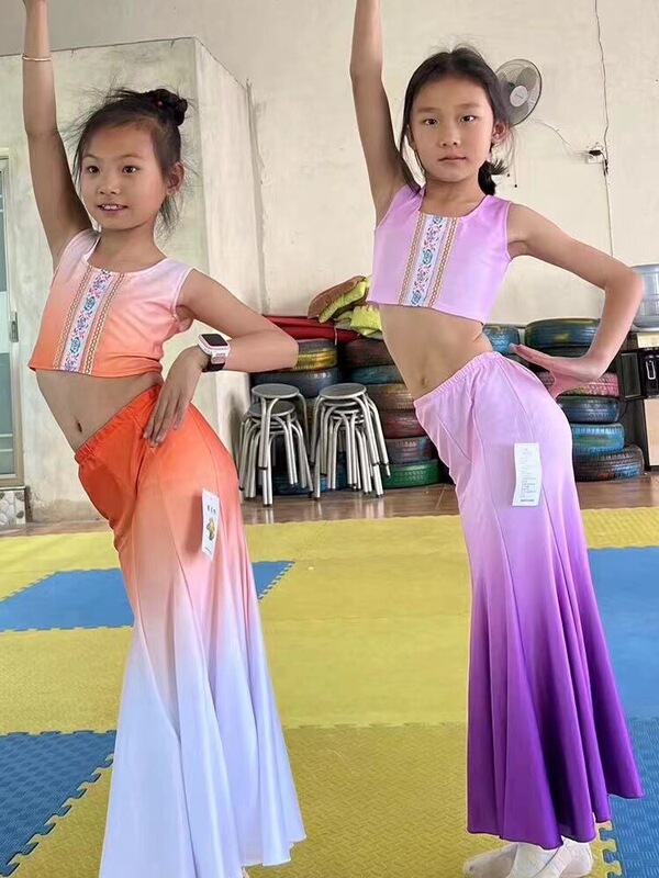 子供用ダイダンス衣装、女の子用フィッシュテールスカート、ヒップカバーハーフスカート、孔雀舞衣装、練習用スカート|undefined