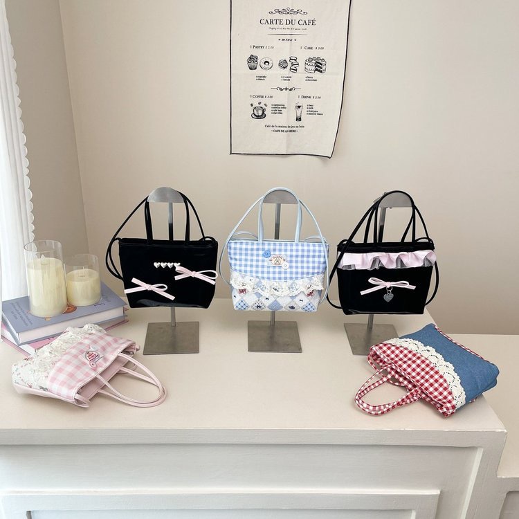 韩版ins复古蝴蝶结单肩斜挎包女时尚百搭格纹甜美蕾丝花边手提包