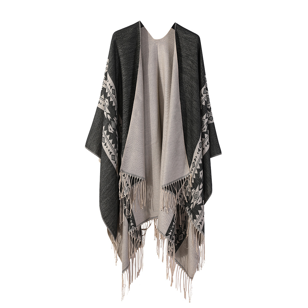 European and American Export Shawl for Women to Wear for Photo Taking, Double-Sided Ethnic Style Cloak, Geometric Pattern Tassel Shawl with Skirt