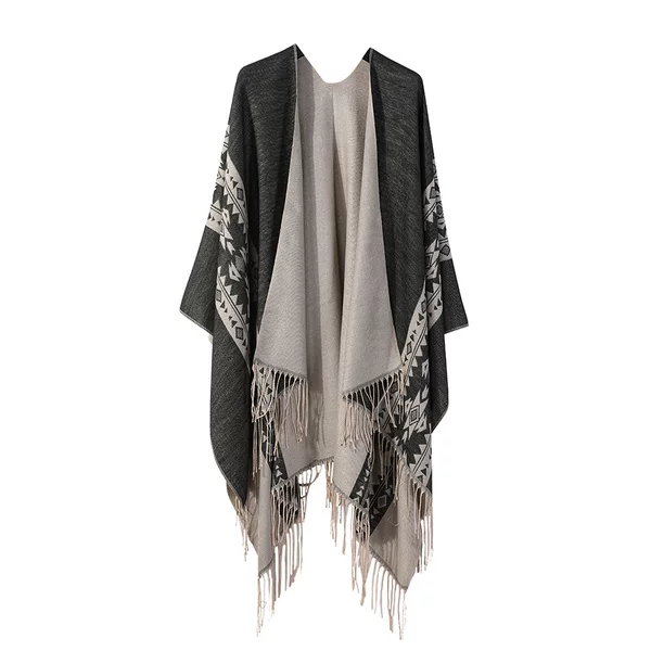 European and American Export Shawl for Women to Wear for Photo Taking, Double-Sided Ethnic Style Cloak, Geometric Pattern Tassel Shawl with Skirt