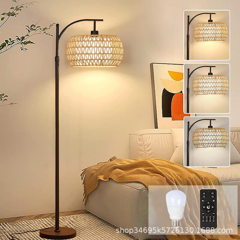 Living Room Curved Rattan Floor Lamp, Hemp Rope Woven Bohemian Remote Control Dimmable Bedroom Corner LED Fishing Lamp