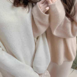 时尚感！气质圆领套头羊绒女秋冬慵懒宽松针织100羊毛衫打底毛衣