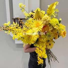 黄色系仿真花材搭配 柠檬黄橙黄户外婚礼家居婚礼堂假花绢花批发